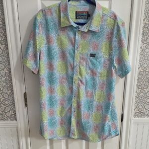 Burlebo Men's Short Sleeve Performance Button Down Shirt Size L Pastel Beach